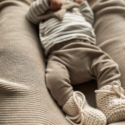 Gebreide Babyslofjes Ecru - Baby Broekje Velours Taupe - Overslagshirtje Streep - Speendoekje - Babykleding - Ivy and Soof