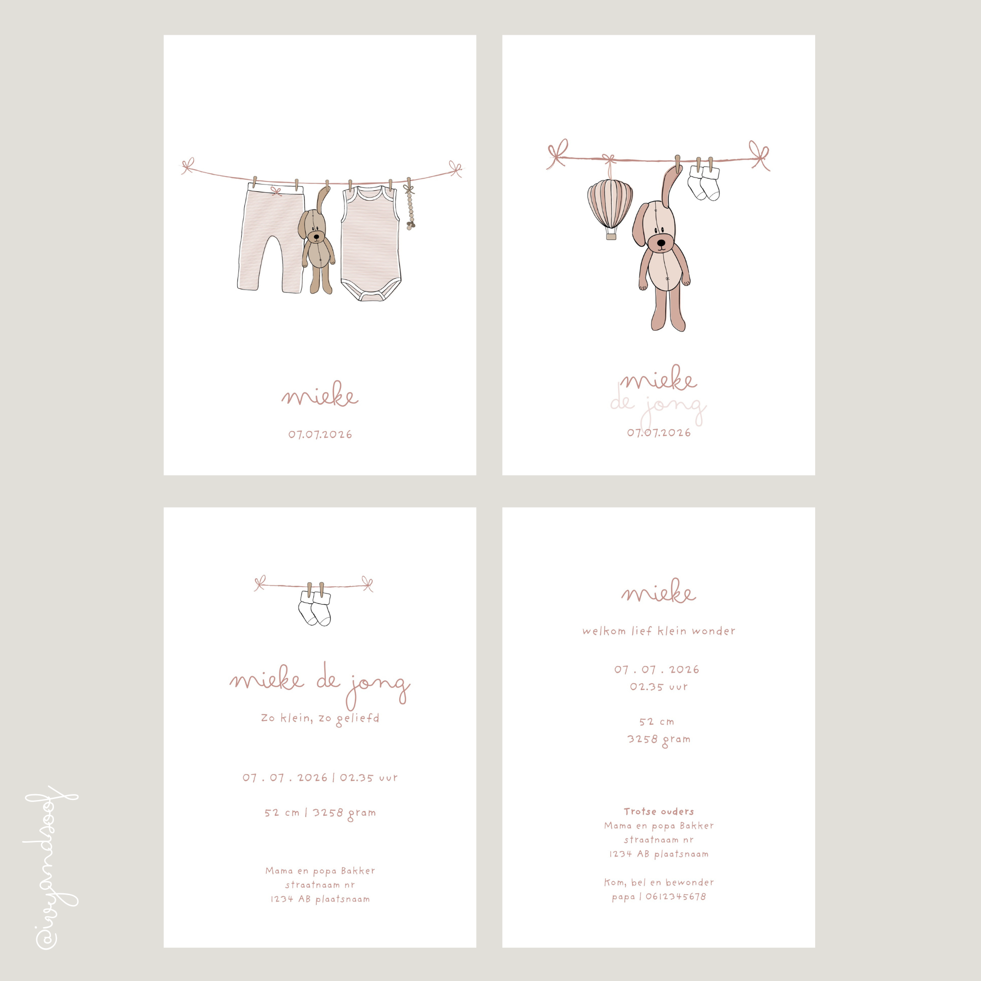Geboortekaartje Canva Template - ivy and soof - roze