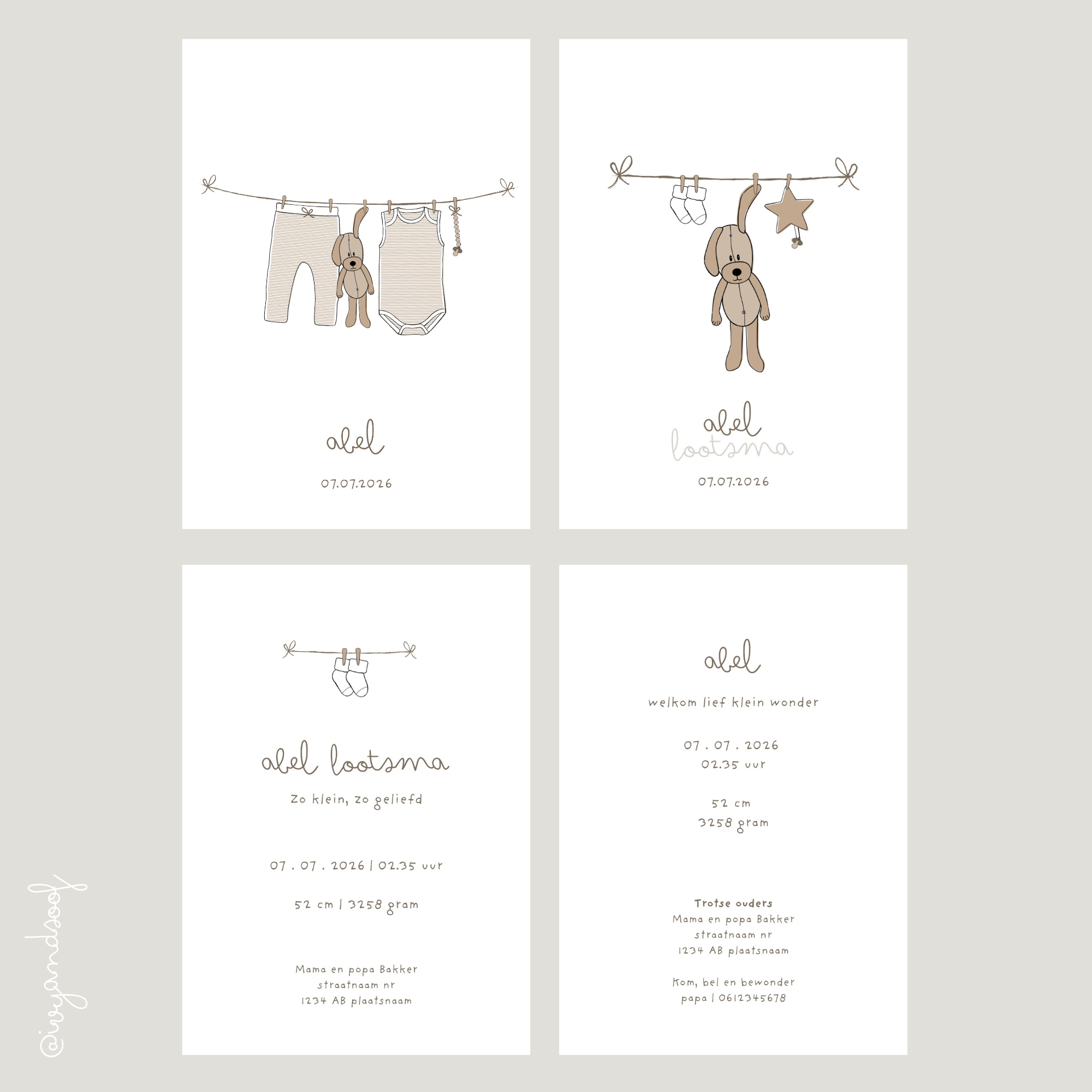 Geboortekaartje Canva Template - ivy and soof - beige