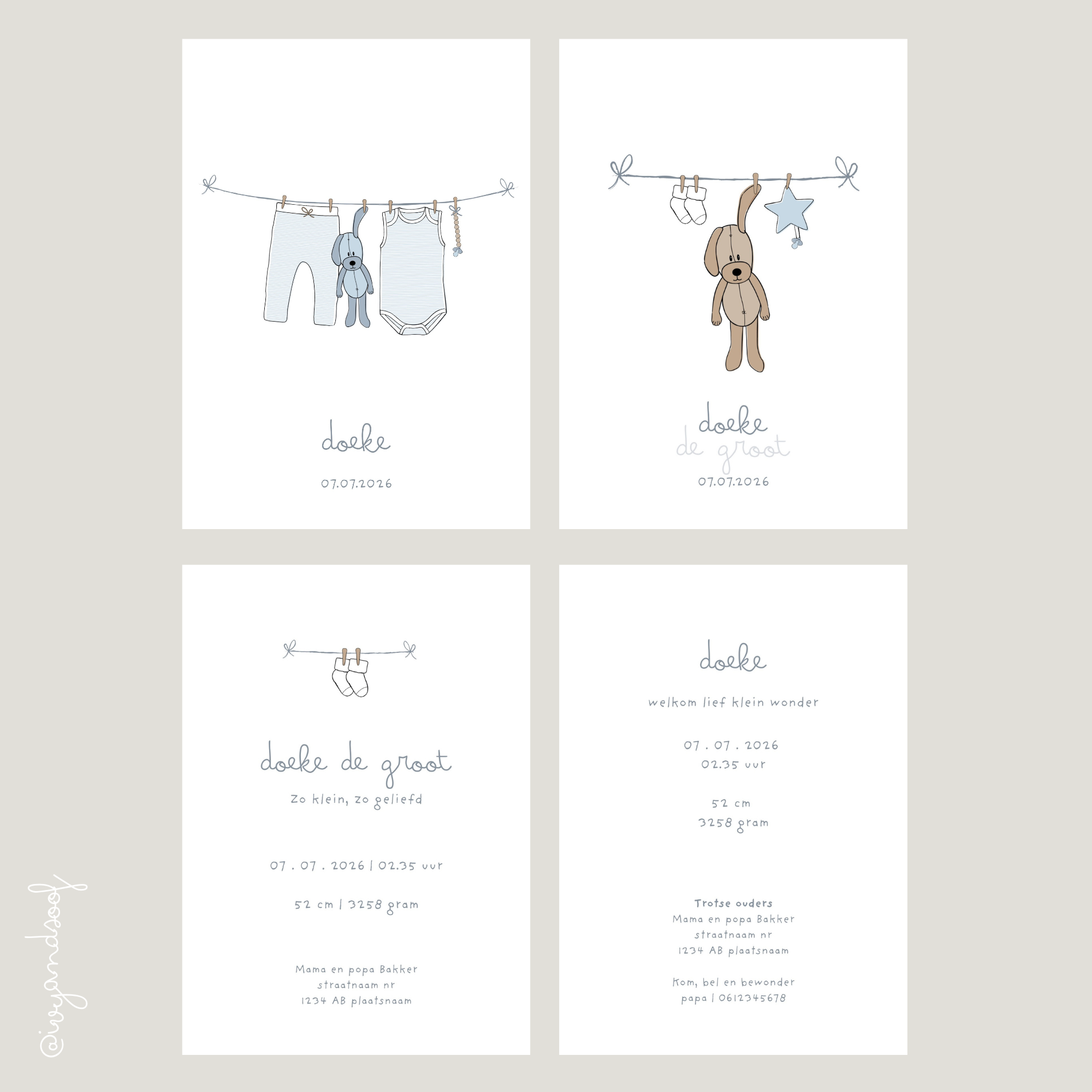 Geboortekaartje Canva Template - ivy and soof - blauw