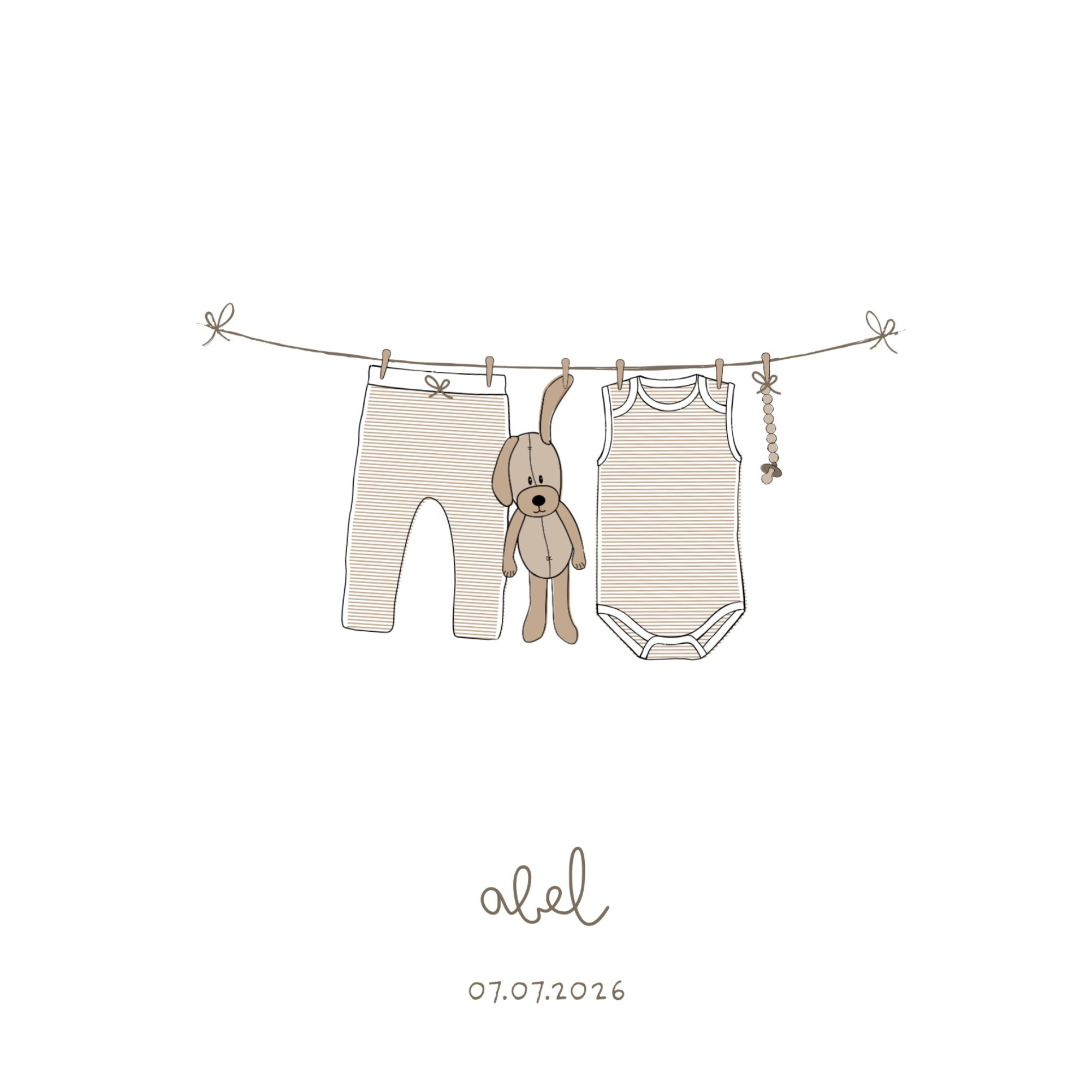 Geboortekaartje Waslijn Illustratie - Beige - Ivy and Soof - Aanpasbare Canva Template